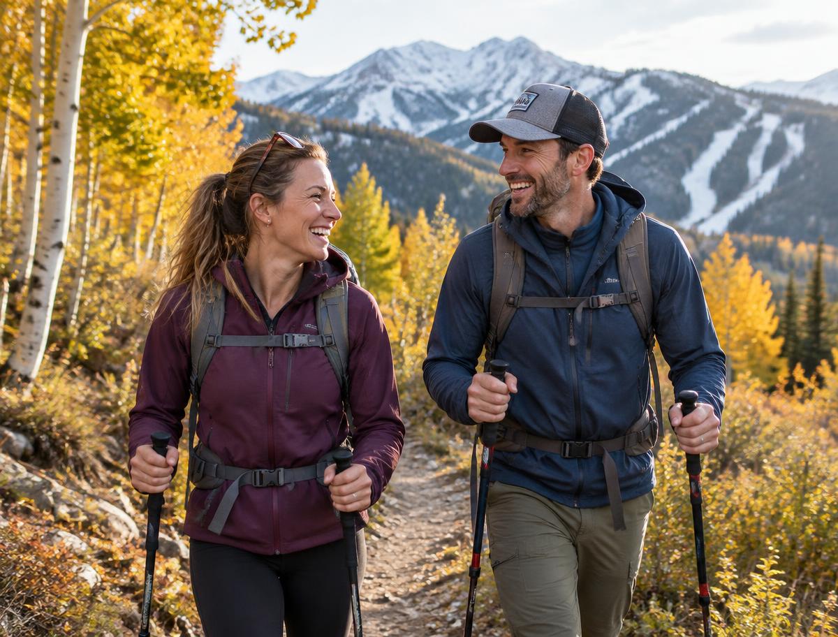 A couple in their late thirties hiking an aspen trail above Park City, Utah, with ski runs on the ridge behind them