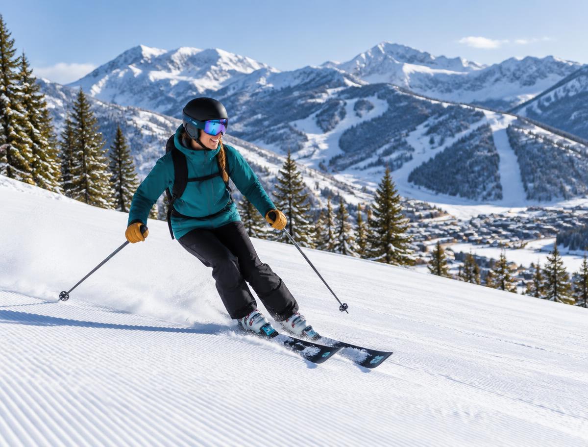 A skier carving a turn on a snowy mountain slope