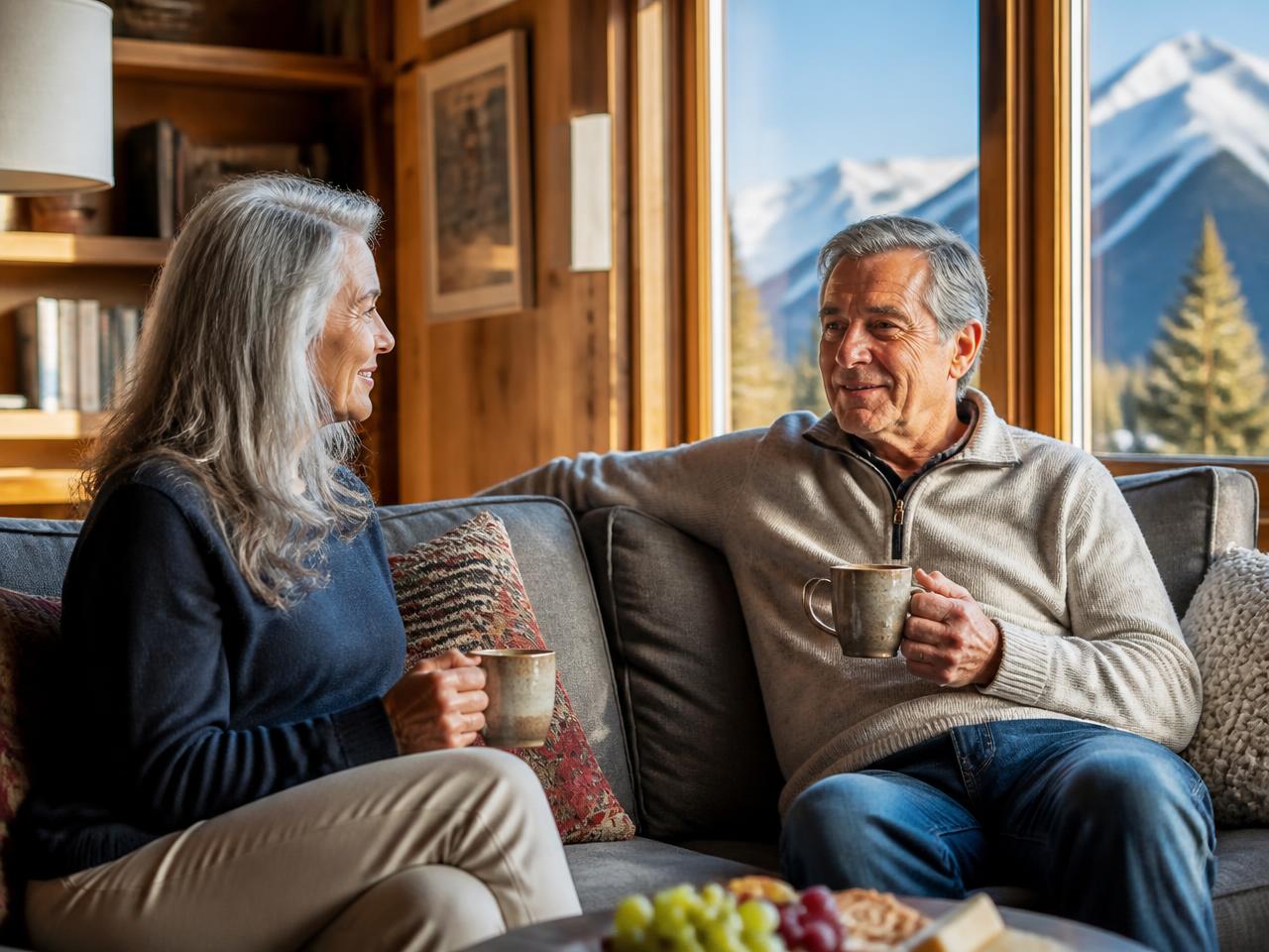Two guests relaxing with warm drinks in a mountain cabin living room
