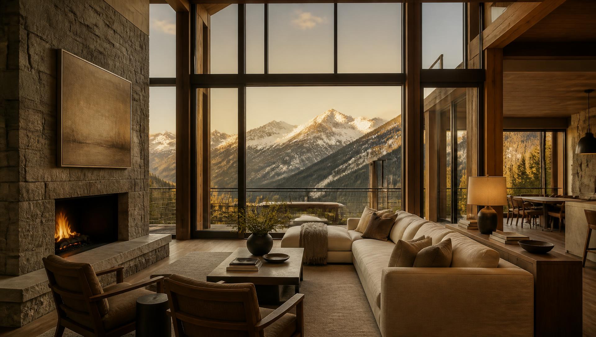 Warm mountain home living room with floor-to-ceiling windows framing snow-dusted peaks